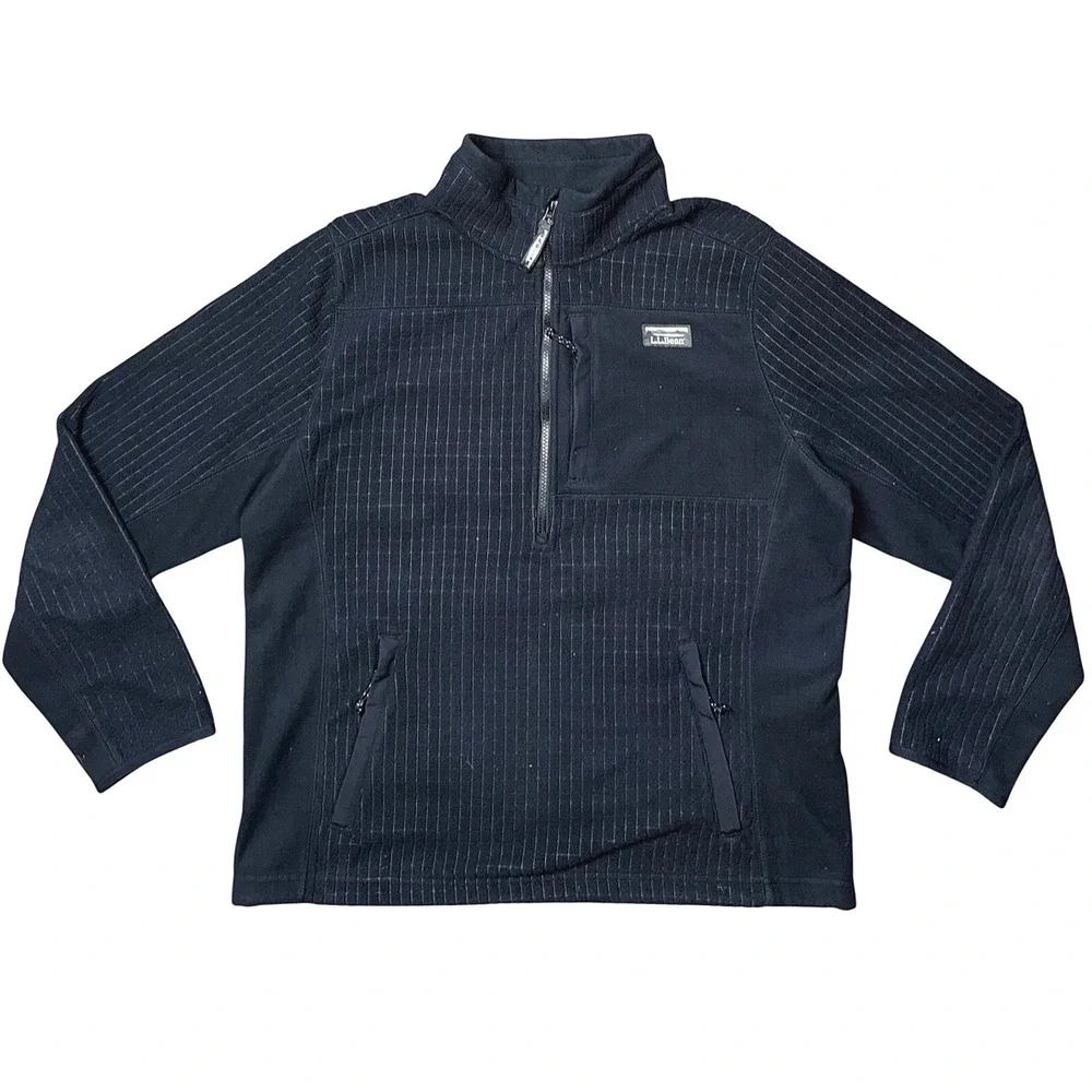 LL Bean Mens Quarter Zip Grid Fleece Pullover Black‎ Textured Jacket 1333
